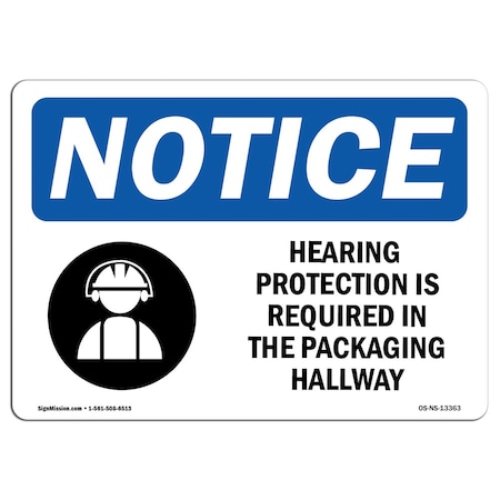 OSHA Notice Sign, Hearing Protection Is Required With Symbol, 14in X 10in Aluminum